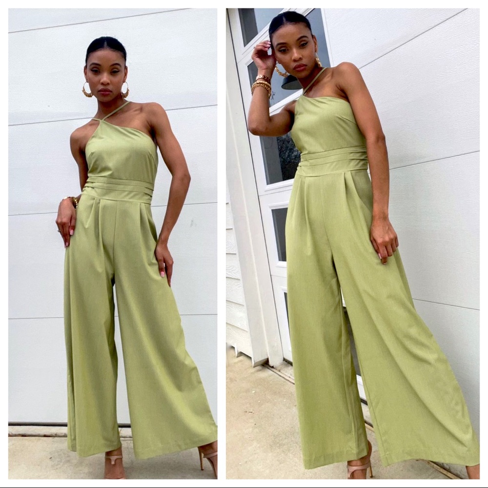 Asymmetrical One Shoulder Wide Leg Jumpsuit-Green